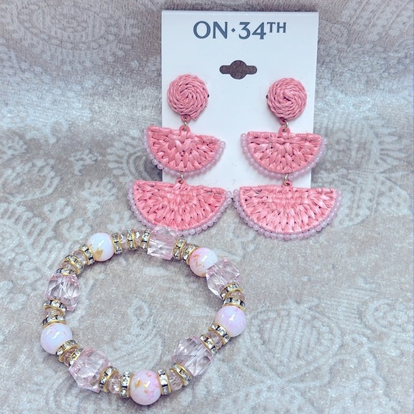 Brand New On 34th Woven Coral Pink Drop Earrings & Beaded Rhinestone Bracelet - Picture 2 of 13